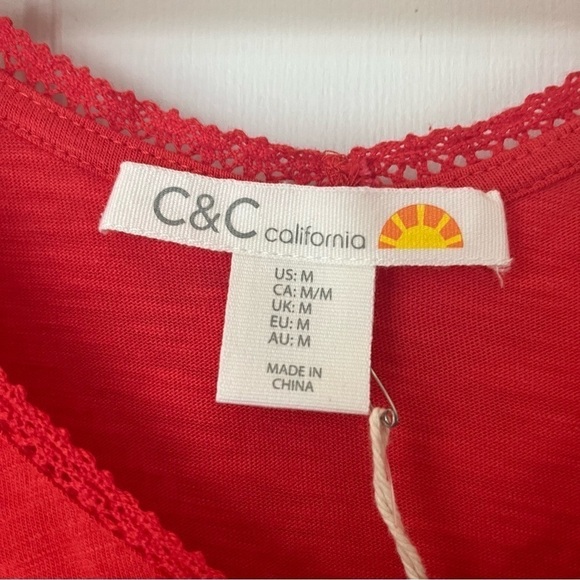 NWT C&C California | Cherry Red Tee V-neck w. Lace Medium Cotton Modal - Picture 6 of 8